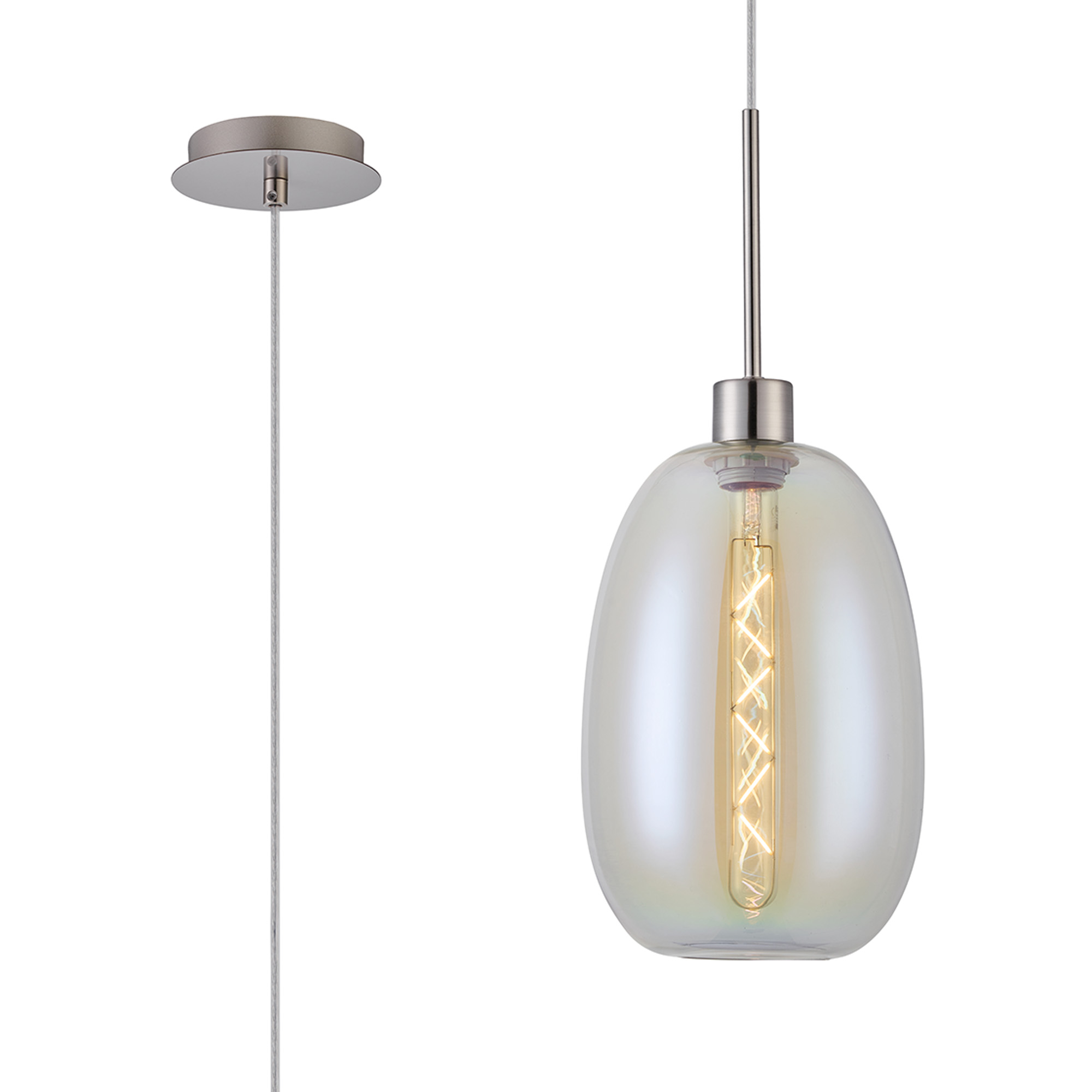 DK1352  Lori 1.7m Single Pendant, 1 Light Adjustable E27, Satin Nickel/Iridescent Slim Curved Trapezium Shades